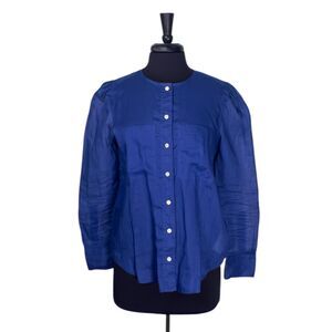 Banana Republic Women’s Button Up Shirt Size M Royal Blue Ramie Puff Sleeve Top